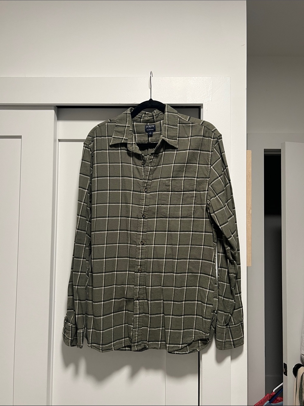 J. Crew Olive Green Windowpane Cotton Button-Down Flannel Shirt